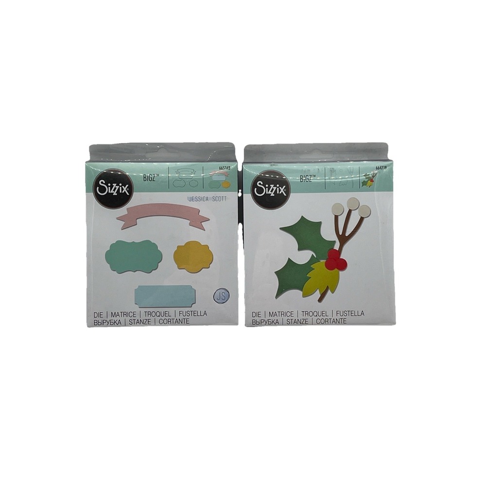 Sizzix Bigz Die Lot of 2 Jessica‎ Scott Labels & Holly Leaves Cutting Dies New